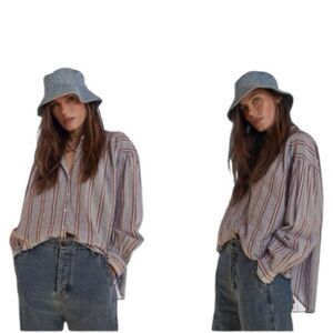 XiRENA Atlee Cotton Gauzey Vertical Striped Button-Up Oversized Shirt Size S